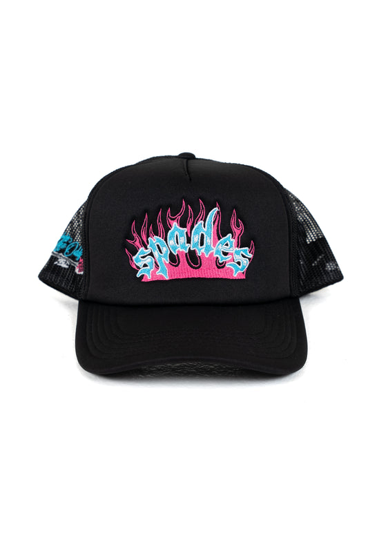 Spades Flame Trucker Hat (Black/  Pink/ Blue)